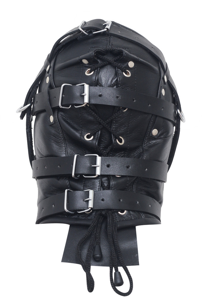 Rear view of a black leather full-head hood showing central lace-up fastening, metal eyelets and three horizontal adjustable buckle straps.