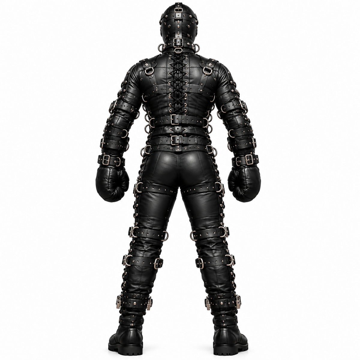 Back view of black genuine leather harness suit with center lacing, shoulder D-rings and buckle straps around the torso, arms and legs.