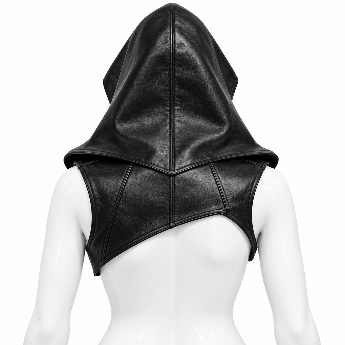 Back view of black genuine leather hooded shoulder capelet showing the central hood seam, shaped shoulder panels and asymmetric hem.