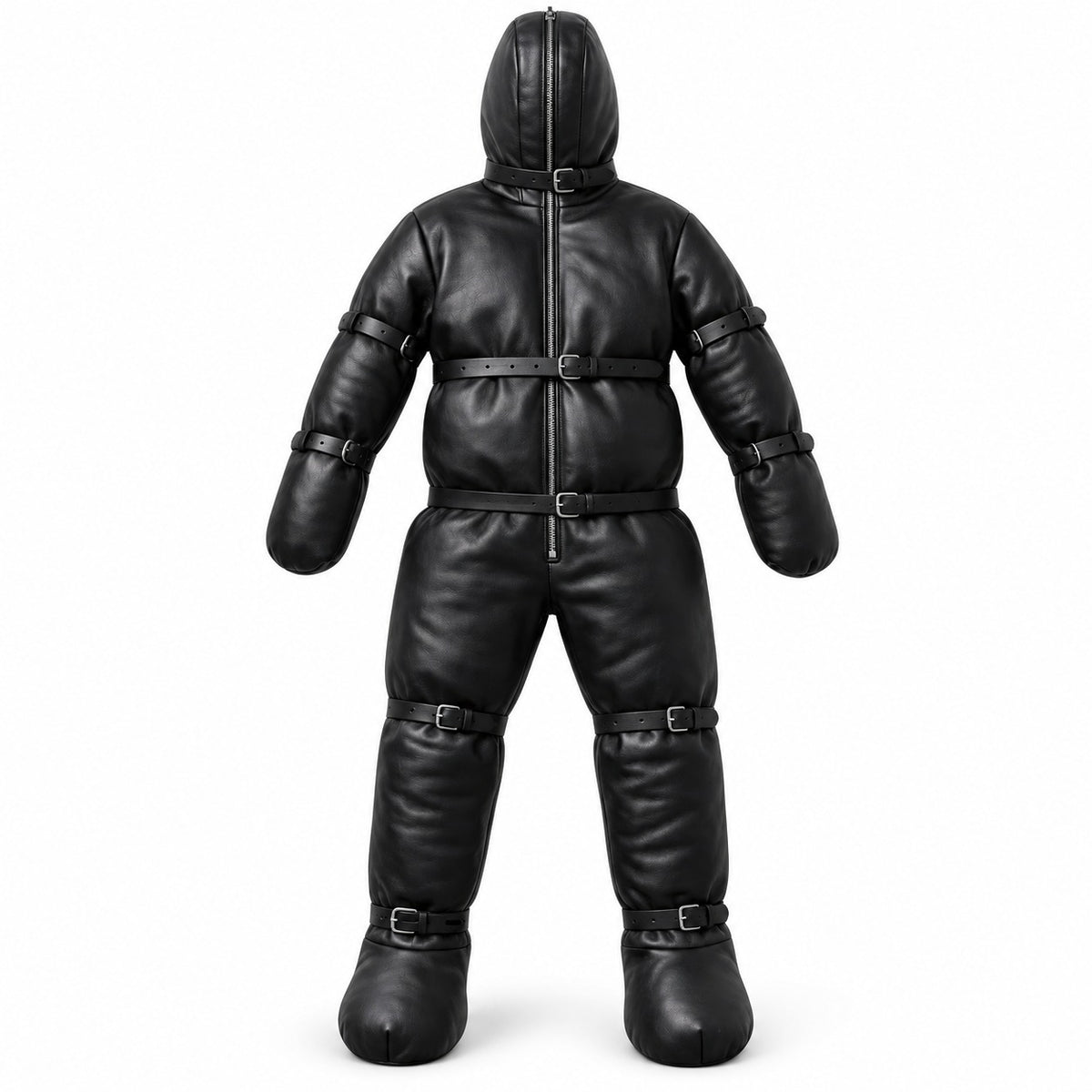 Black leather hooded full-body suit, front view showing a hood-to-torso zipper, buckle straps, enclosed sleeve ends and separate foot sections.