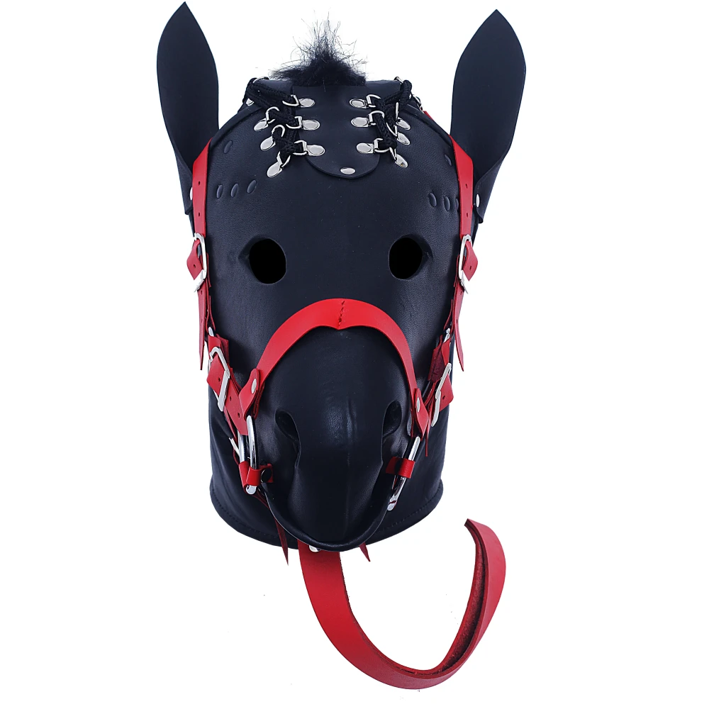 Front view of black genuine leather horse pony mask with pointed ears, red bridle straps, eye openings and silver-tone buckle hardware.