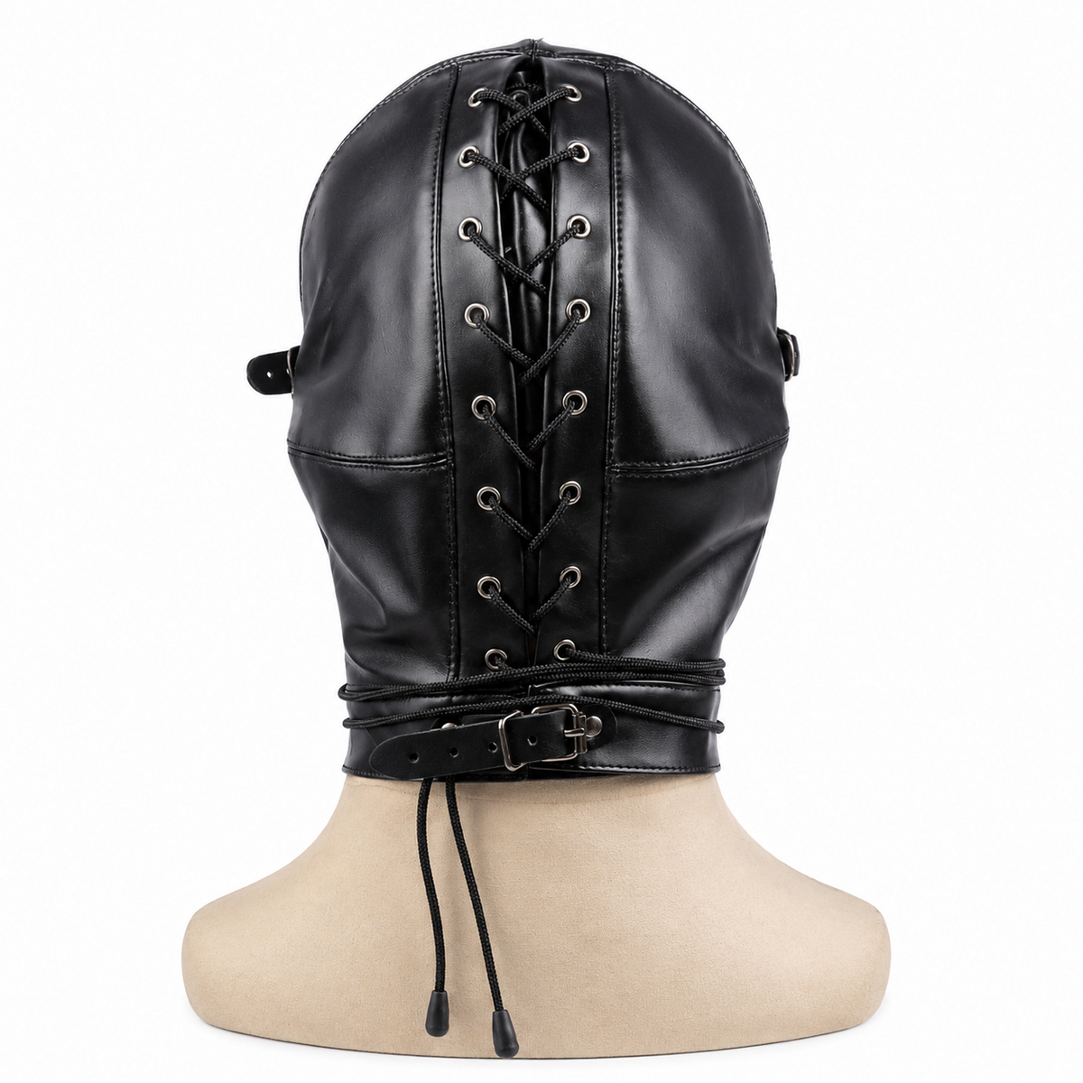Rear view of black genuine leather hood showing full-length black lacing, silver-tone eyelets, shaped panels and a buckle neck strap.