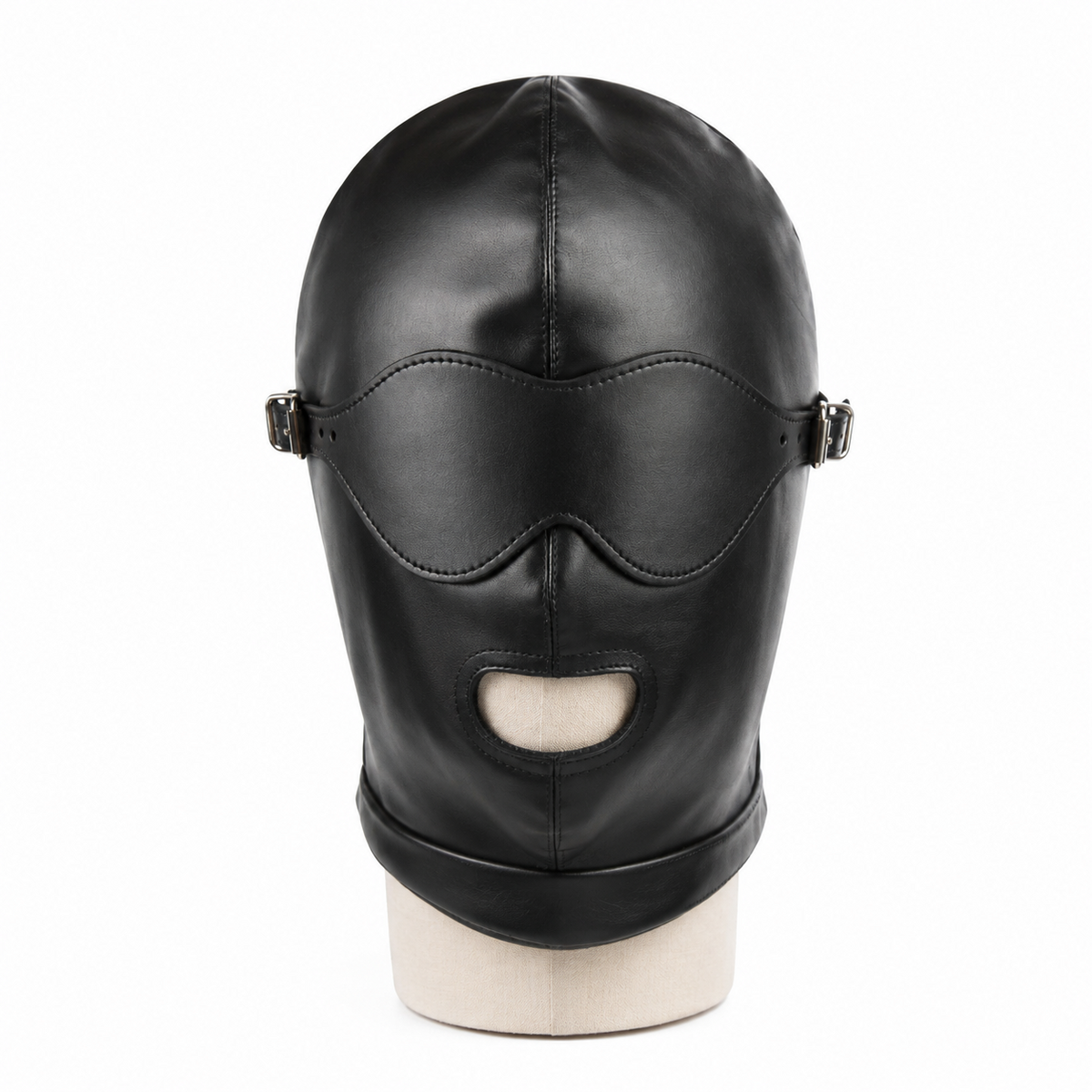 Front view of black genuine leather hood with a contoured eye cover, side buckles, oval mouth opening and a smooth stitched neck band.