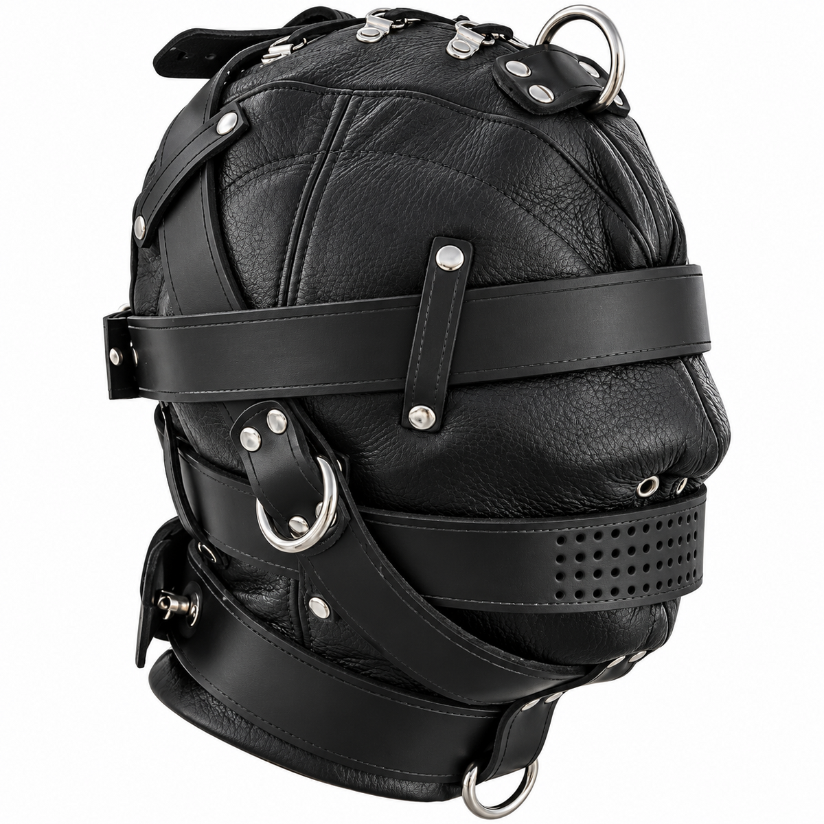 Front angle of black genuine leather hood with broad eye strap, perforated lower-face band, nose eyelets and silver-tone D-rings on white.