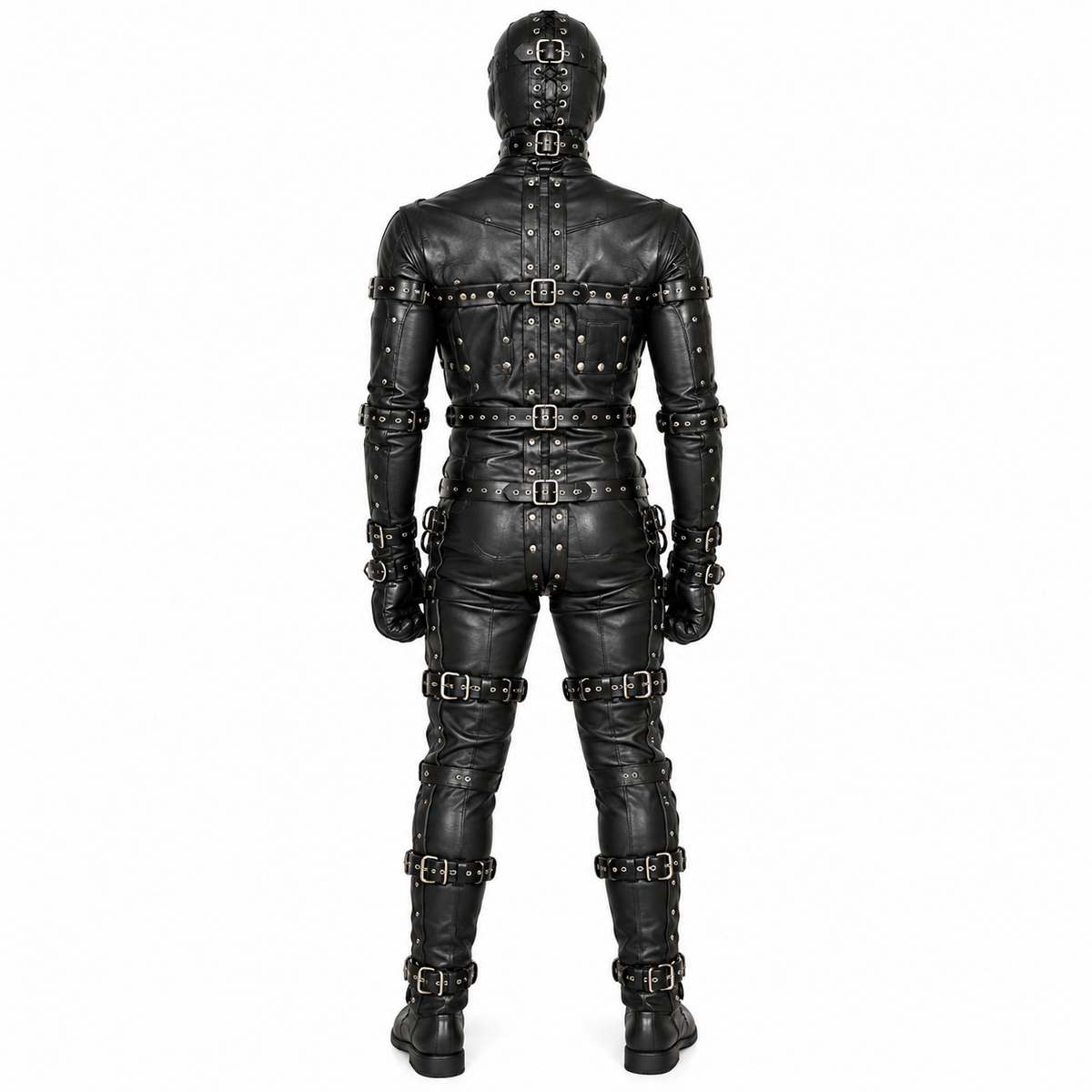 Back view of black genuine leather harness suit with rivet-edged center panel, buckle torso straps and repeated bands along the arms and legs.