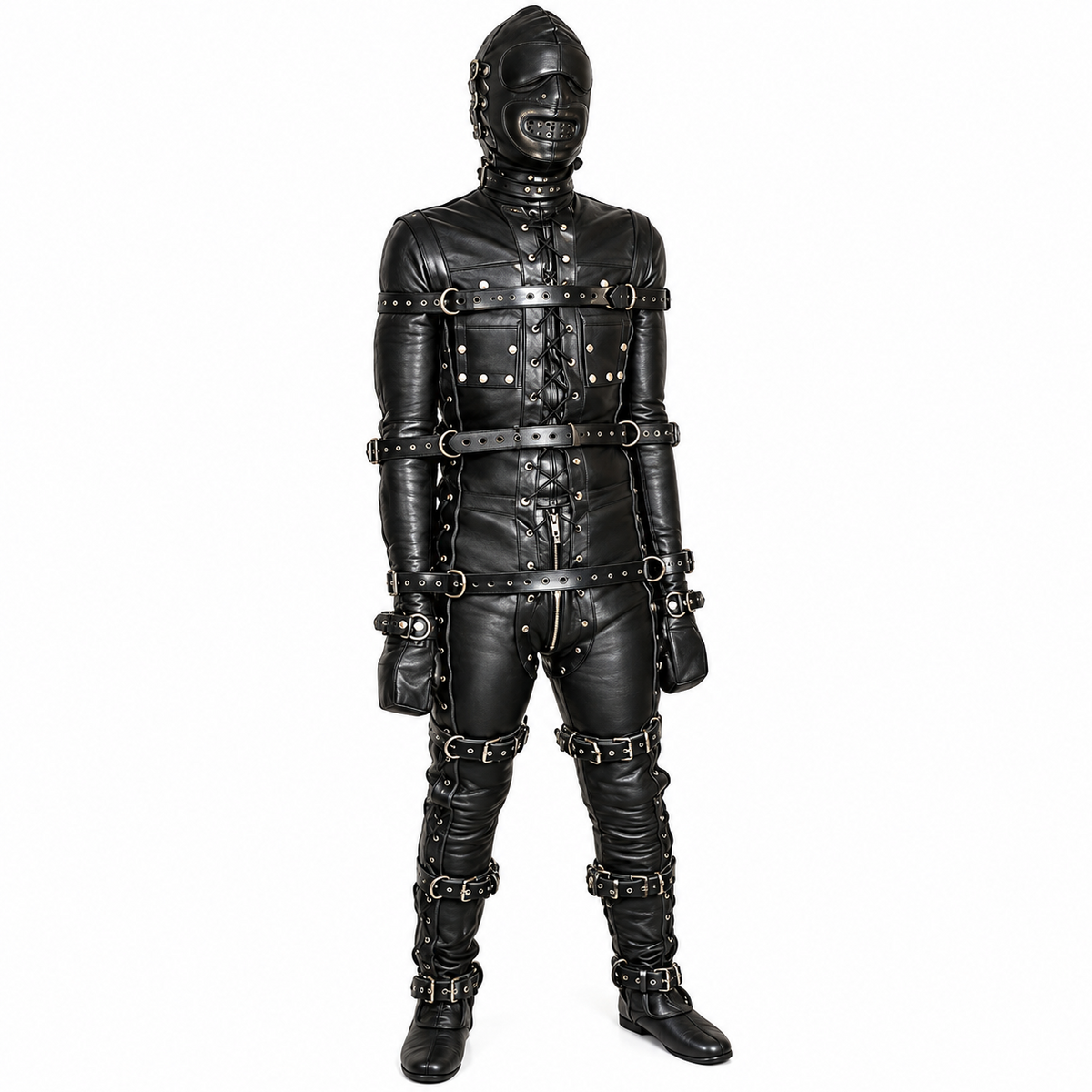 Front view of black genuine leather harness suit with center lacing, studded chest panels and buckle straps, styled with hood and mittens.