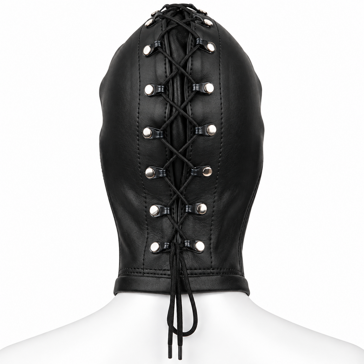 Back view of black genuine leather hood with crisscross cord lacing, riveted lace loops, a central backing panel and extended neck.