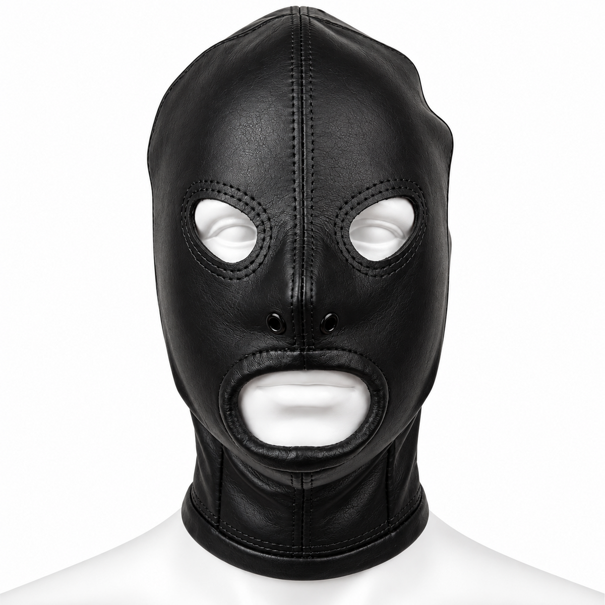 Front view of black genuine leather hood with separate eye openings, an oval mouth opening, two nose eyelets and matching stitched edges.