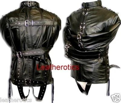 Black leather straitjacket, combined front and rear views showing metal ring details, enclosed sleeves, rear zipper and horizontal buckle straps.