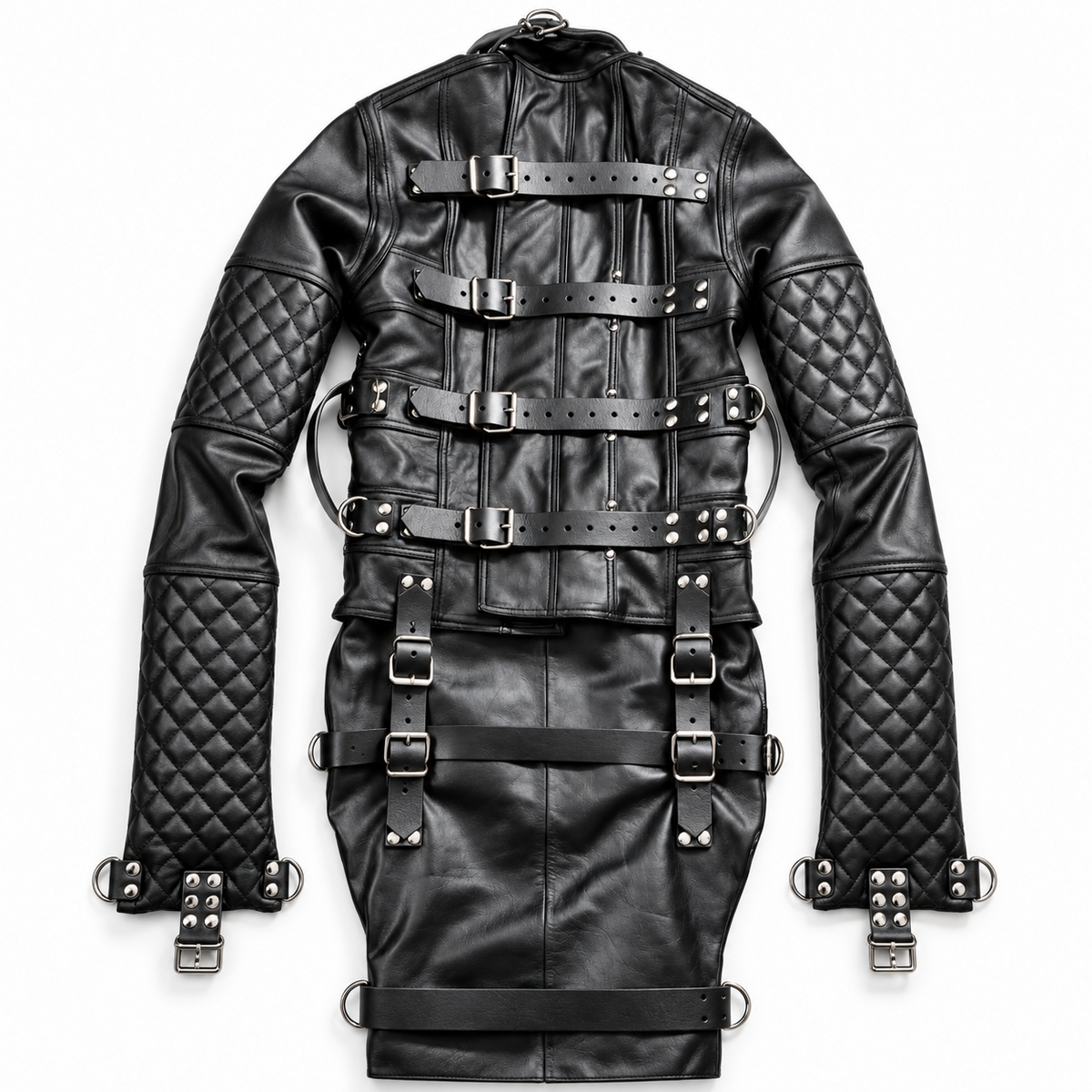 Rear reference of black leather garment with quilted sleeves, horizontal back buckle straps, silver-tone rings and a short lower panel.