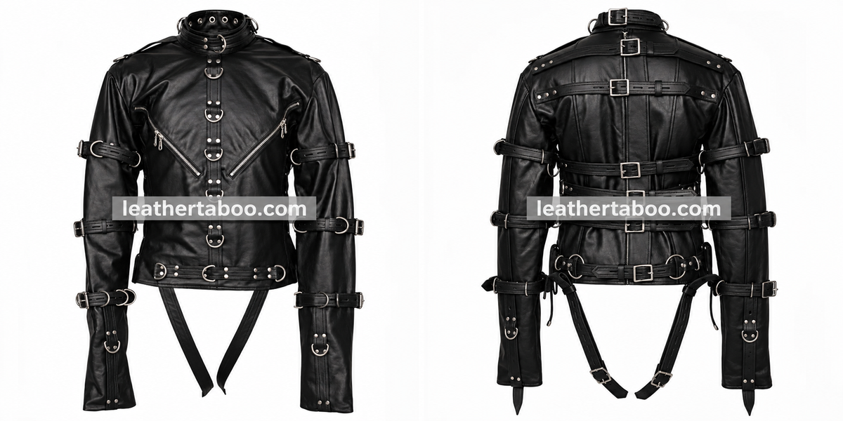 Black genuine leather straitjacket with extra-long sleeves, rear buckle straps, silver D-rings and front zippers shown from front and back