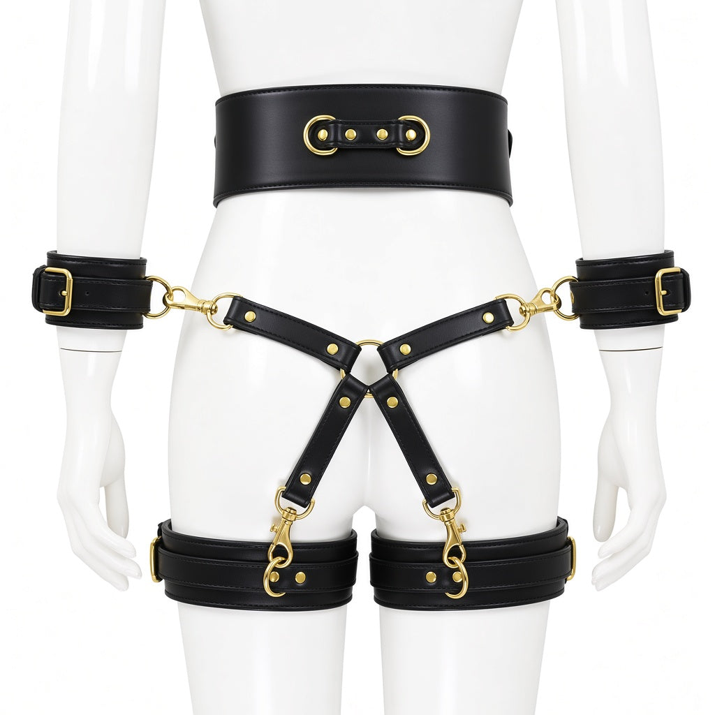 Rear view of black genuine leather harness set with a wide waist belt, wrist cuffs, thigh straps and gold-tone clip connectors on a mannequin.