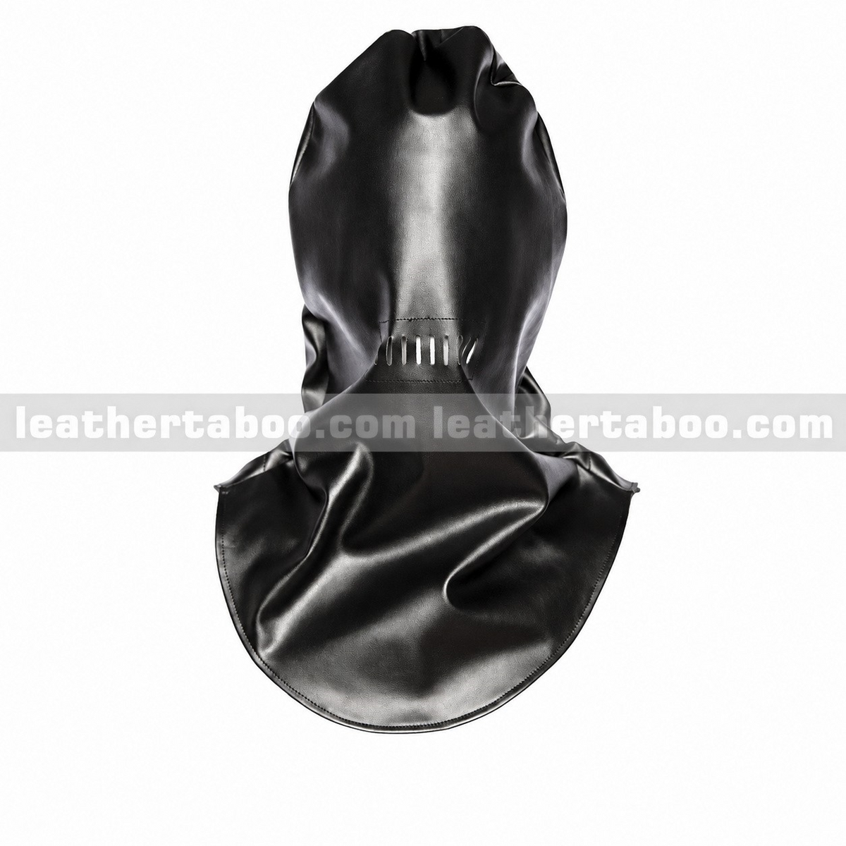 Front view of black genuine leather full-head hood with narrow mouth-area slits and an extended shoulder bib, displayed against a white background.