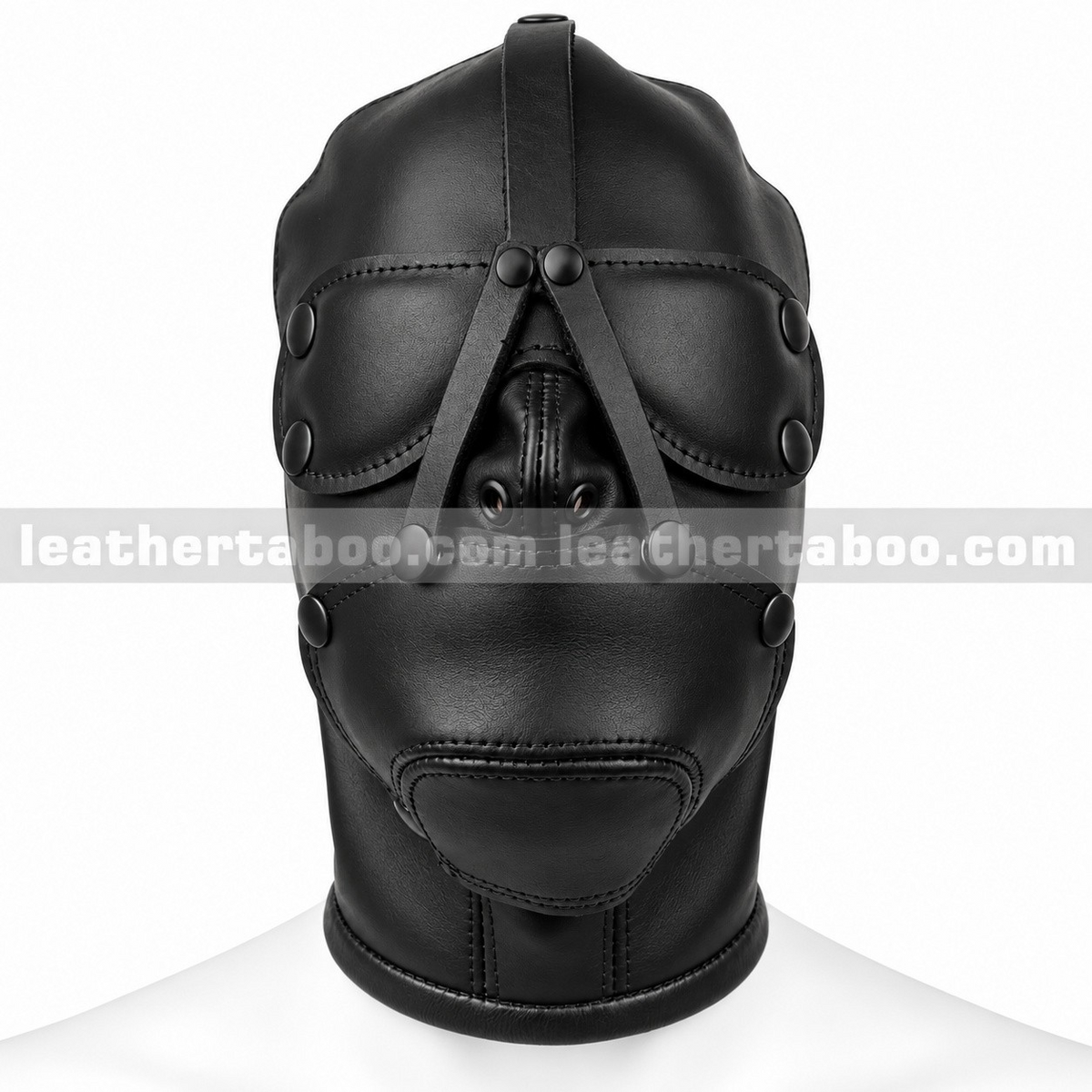 Front view of black genuine leather hood mask with snap-fastened eye covers, nose openings and layered facial panels on a white mannequin.