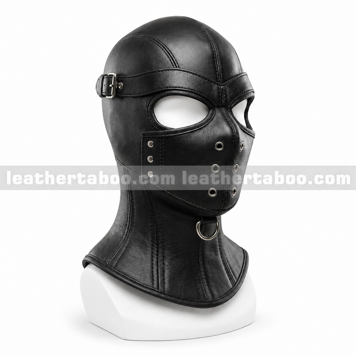 Angled view of black leather hood with open eye cutouts, eyelet face panel, under-chin D-ring and tall flared neck corset on a white mannequin.