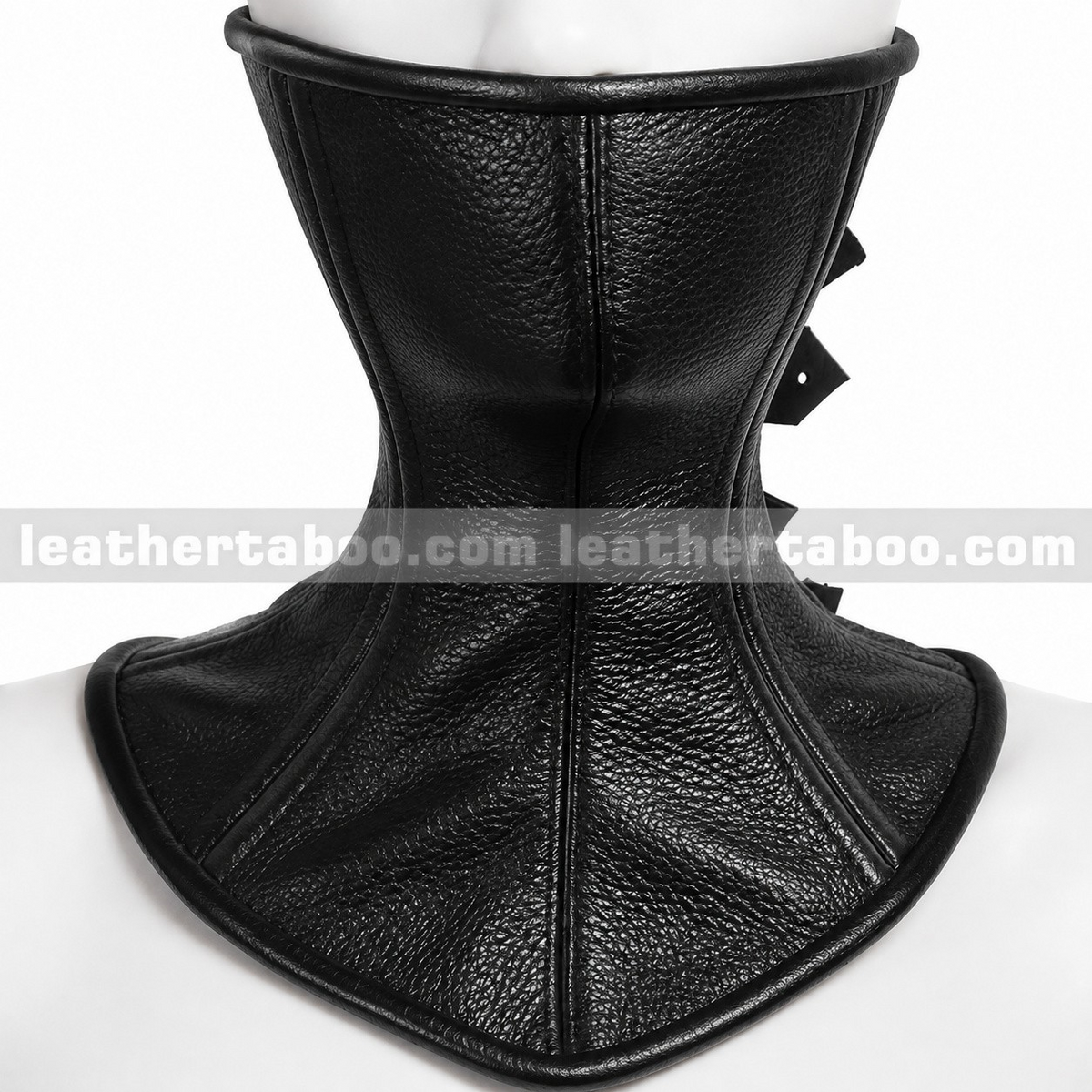 Front view of tall black leather neck corset showing textured grain, contoured panels and a flared upper chest base displayed on a white mannequin.
