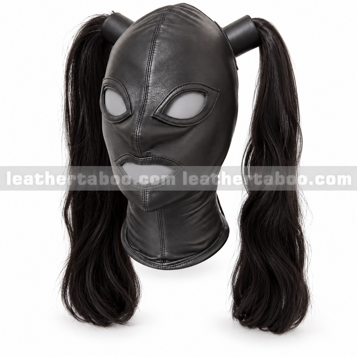 Front view of black leather twin-ponytail hood with shaped eye and mouth openings, stitched edging and long dark hair displayed at both sides.