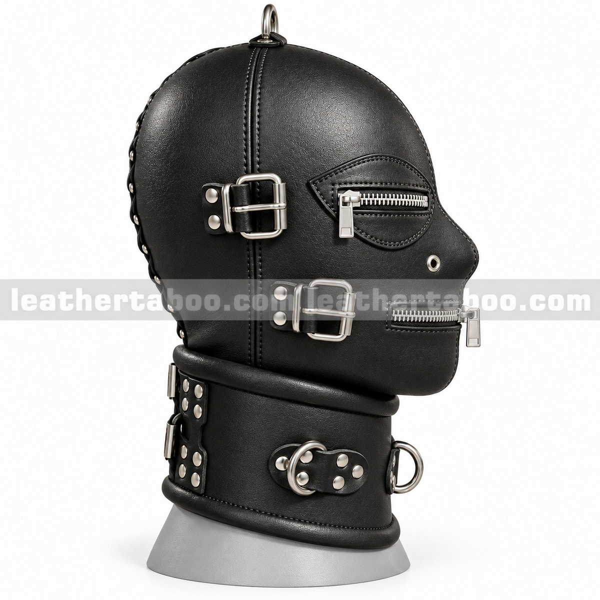 Side view of black leather hood showing eye and mouth zippers, side buckle details, crown ring and tall leather collar on a white display form.
