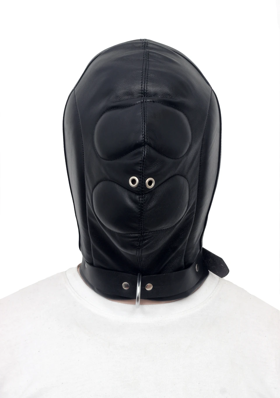Front view of black padded genuine leather hood with shaped eye and lower-face panels, two metal eyelets and a silver-tone neck ring.