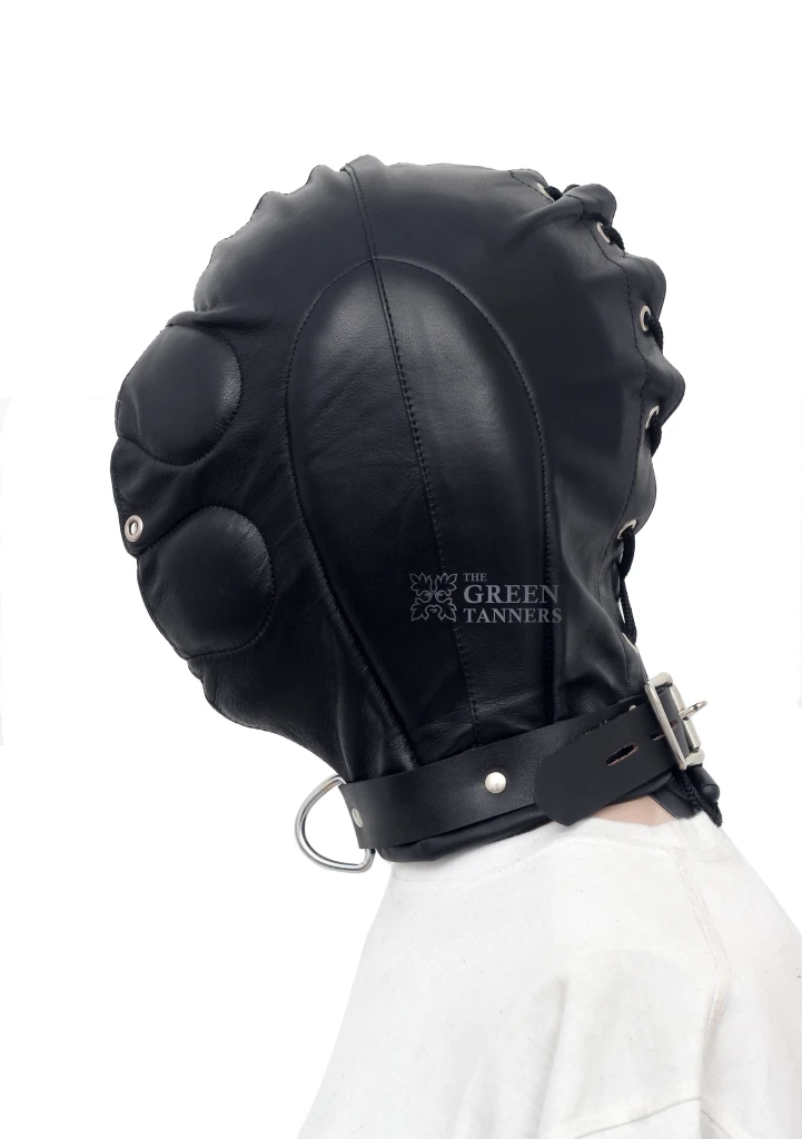 Side view of black padded leather hood with an oval side panel, rear cord lacing, adjustable buckle neck strap and silver-tone ring.