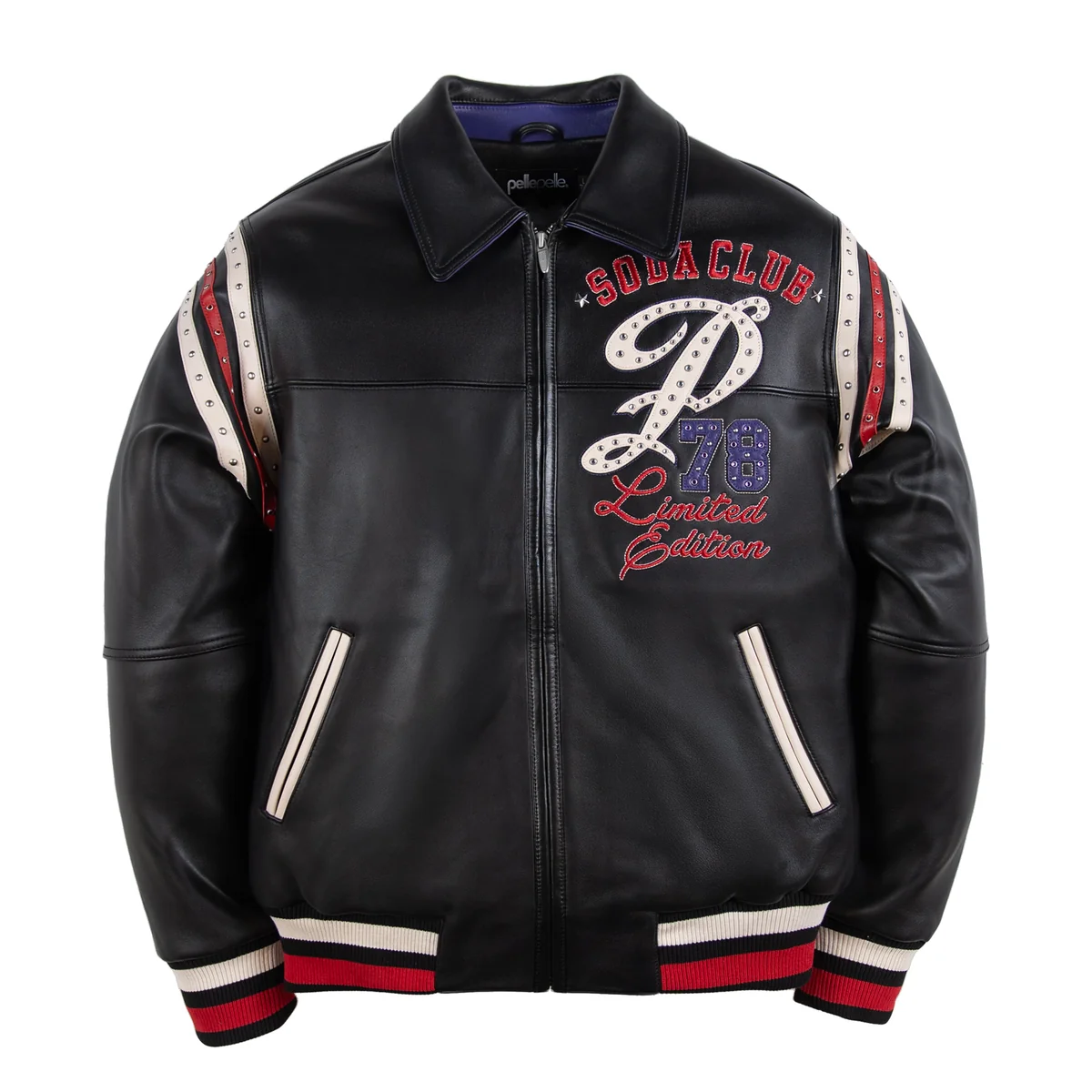 Front view of a black genuine leather Soda Club 78 jacket with studded cream lettering, red shoulder stripes, zip front and ribbed trim.