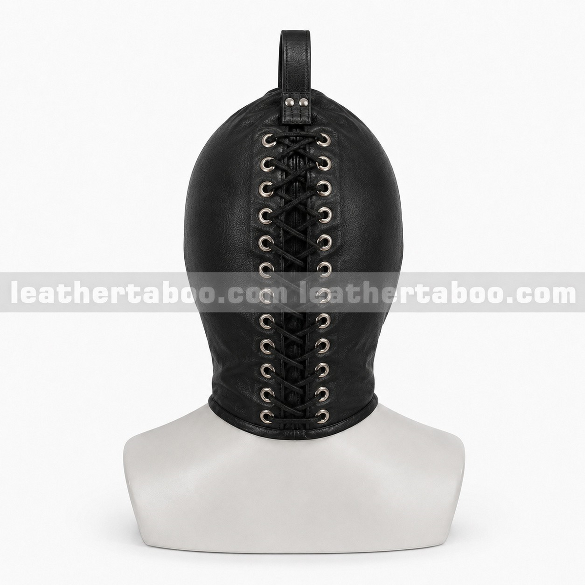 Back view of black leather hood mask showing full-length rear lacing, silver-tone eyelets and a riveted crown loop displayed on a white mannequin.