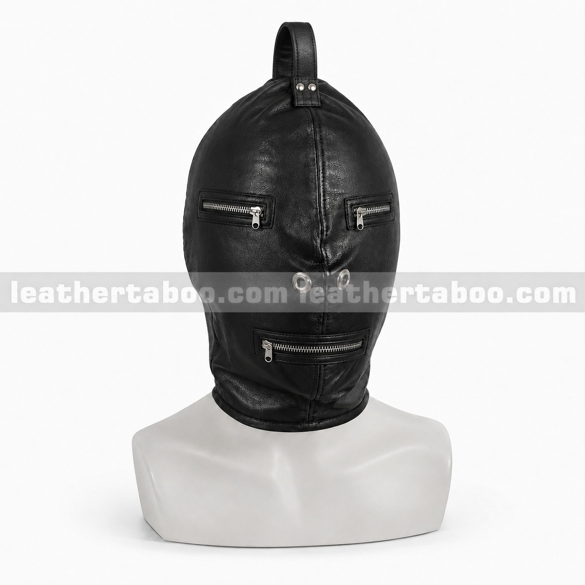 Front view of black leather hood mask with separate eye zippers, mouth zipper, two nose eyelets and a riveted crown loop on a white mannequin.