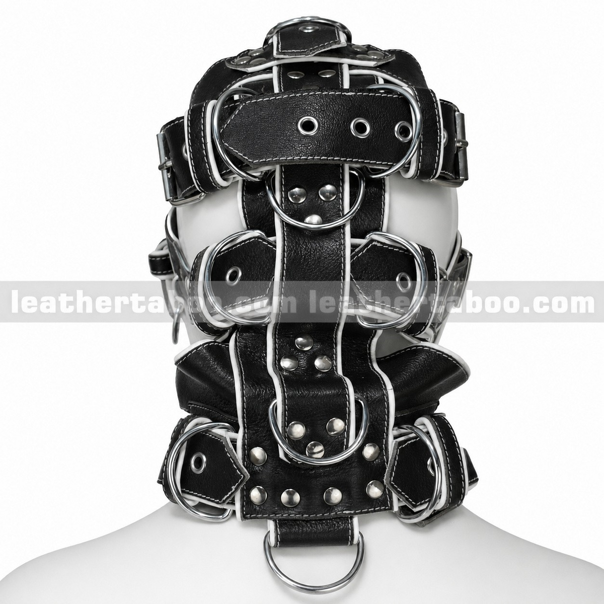 Rear view of black leather head harness showing white trim, layered straps, silver-tone D-rings and riveted tabs displayed on a white mannequin.