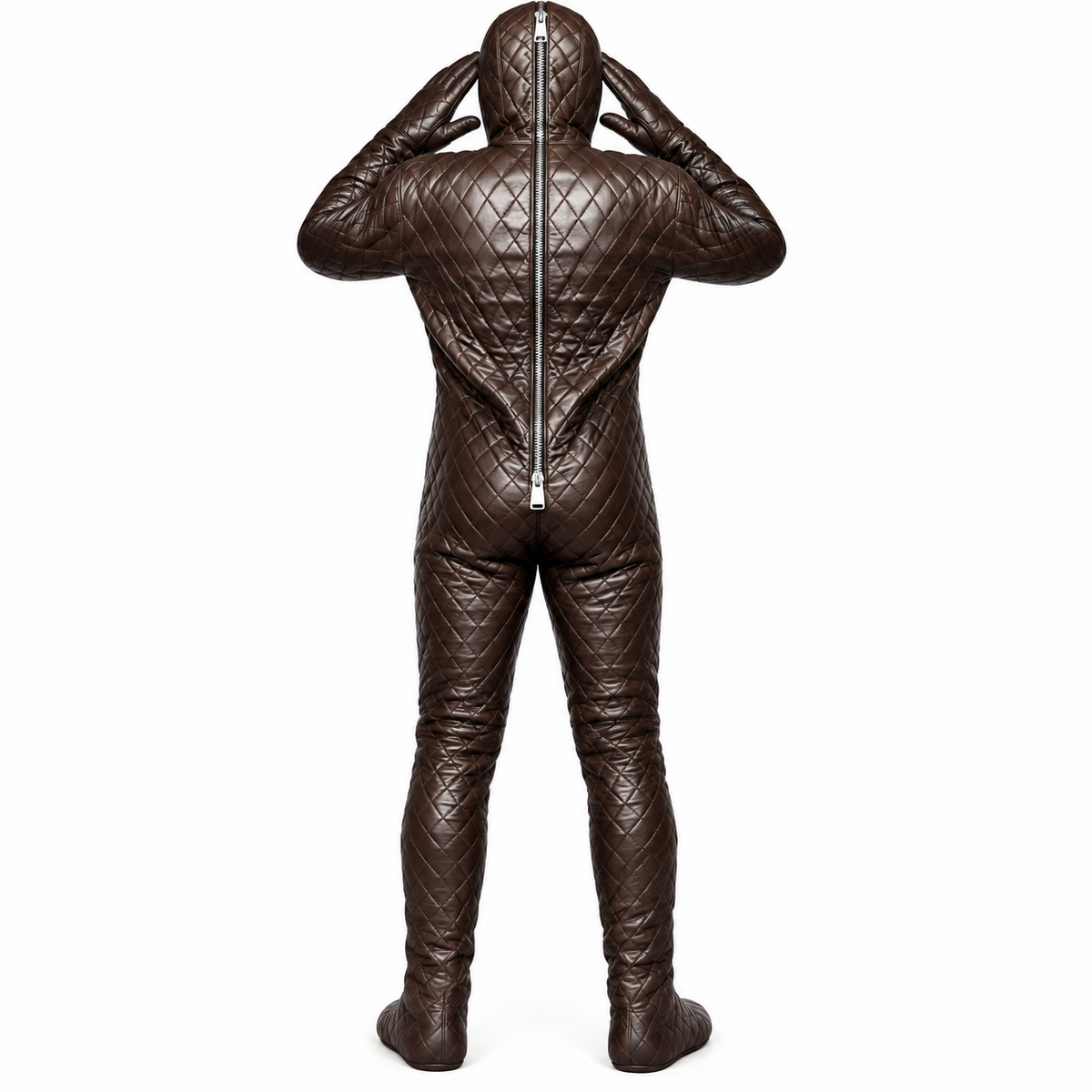 Rear view of brown genuine leather diamond-quilted hooded suit showing a long silver-tone center zipper and full-length legs on white.