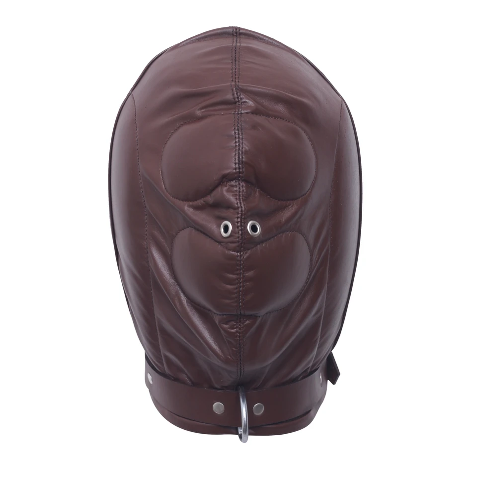 Front view of a brown padded genuine leather hood with stitched eye and lower-face panels, two metal eyelets and a neck strap with ring.
