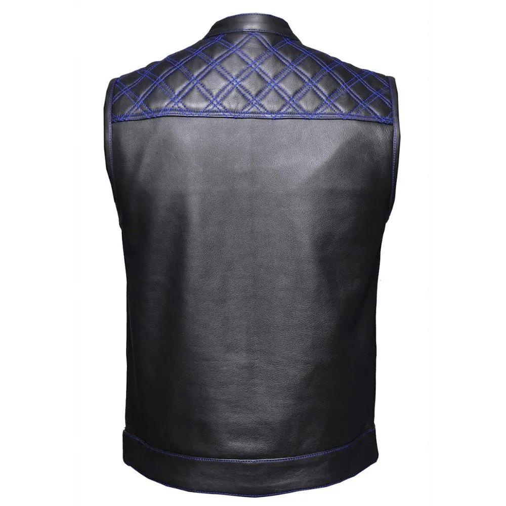 Men’s Black Leather Gay Waistcoat Sleeveless Zipper Vest BLUF Jacket With Blue Piping