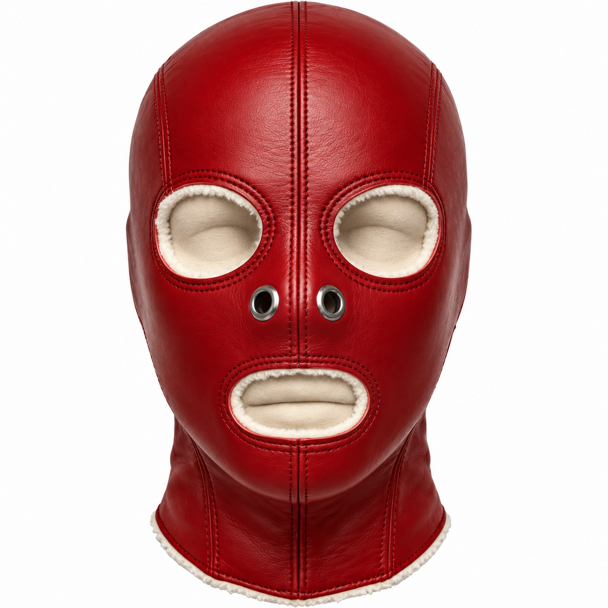 Front view of crimson red genuine leather hood with cream-trimmed eye and mouth openings, two metal nose eyelets and shaped stitched panels.