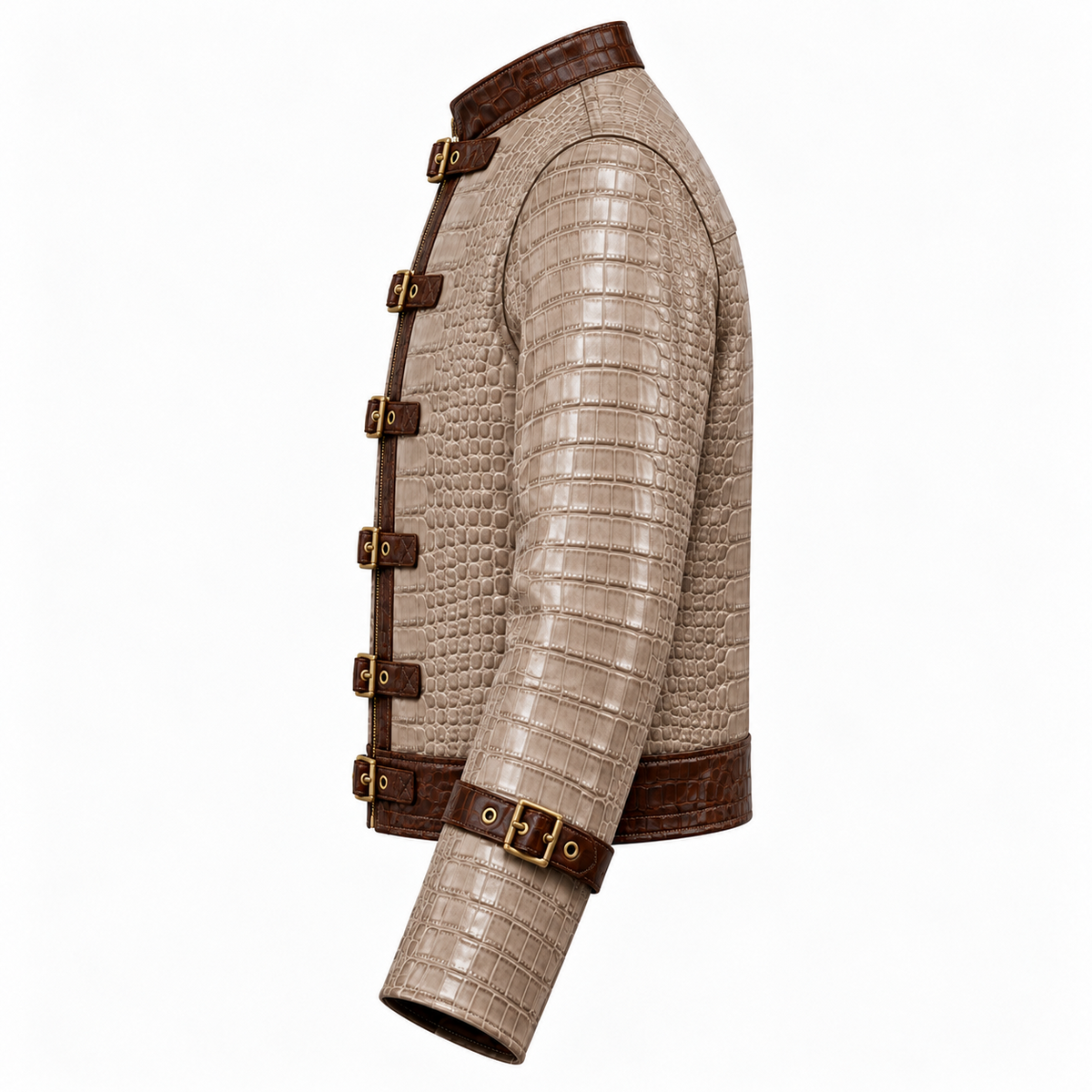 Side view of crocodile embossed genuine leather straitjacket showing sleeve straps and buckles