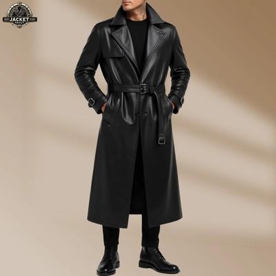 Men’s Black Quilted Leather Trench Coat (Overcoat Style Jacket)