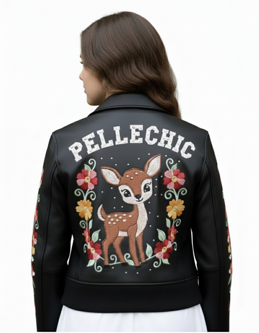 Pelle Chic “Deer Garden” | Hand-Embroidered Floral Leather Bomber leathertaboo.com