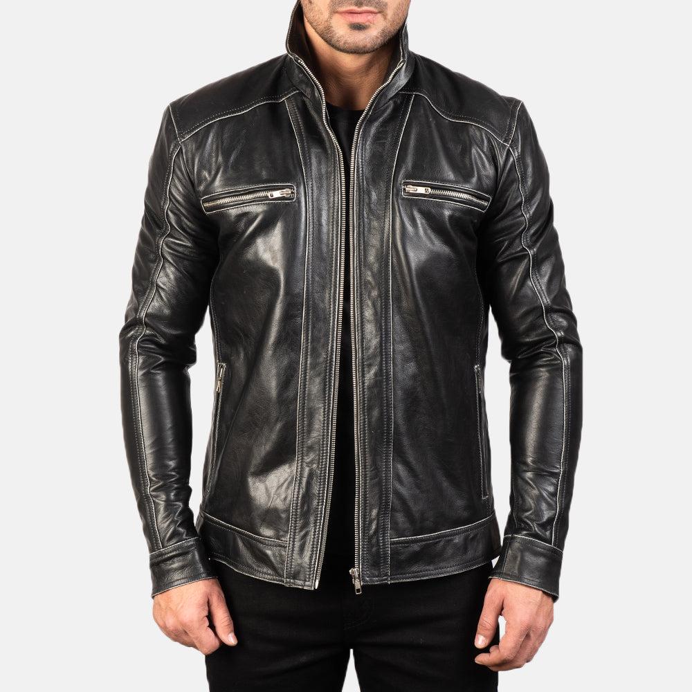 Men's Motorcycle Distressed Vintage Cafe Racer Black Genuine Leather Biker Jacket