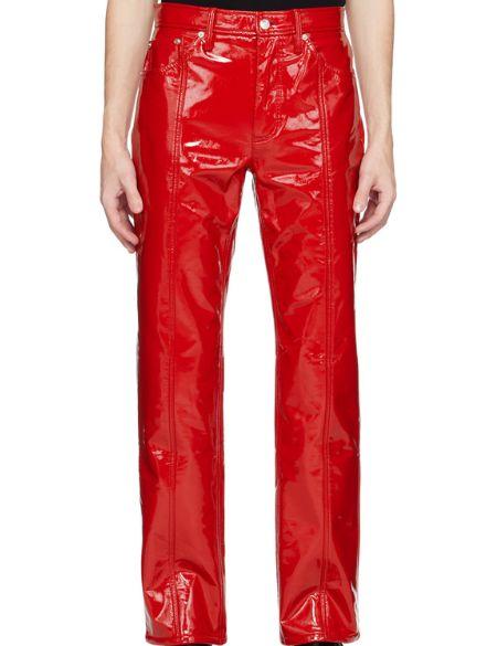 Men’s Real Leather Biker Pants (5-Pocket Jeans Style BLUF Red Gay Trousers)