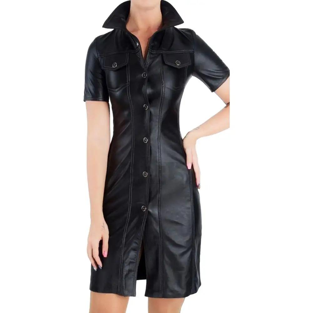 Women’s Black Leather Bodycon Collared Dress Top (Slim Fit Casual Outfit)