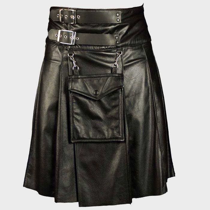 Men's Genuine Black Punk Style Utility Leather Kilt - Solid Pleated Buckle Straps