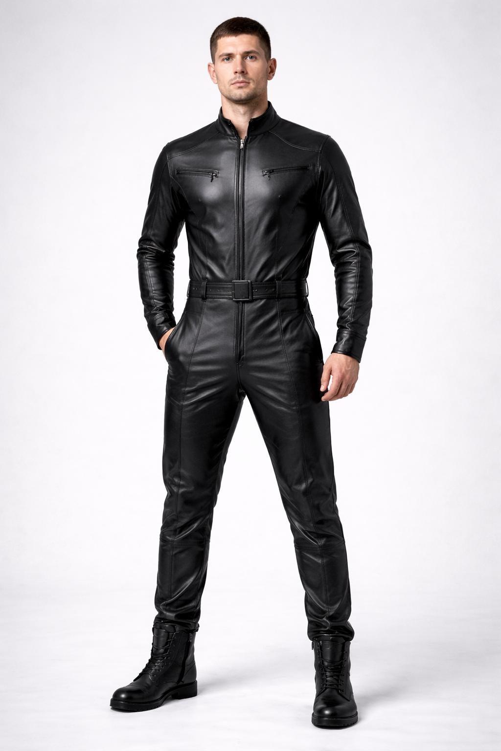 Men’s Black Genuine Leather Jumpsuit (Workwear Romper Overall Bodysuit Style)