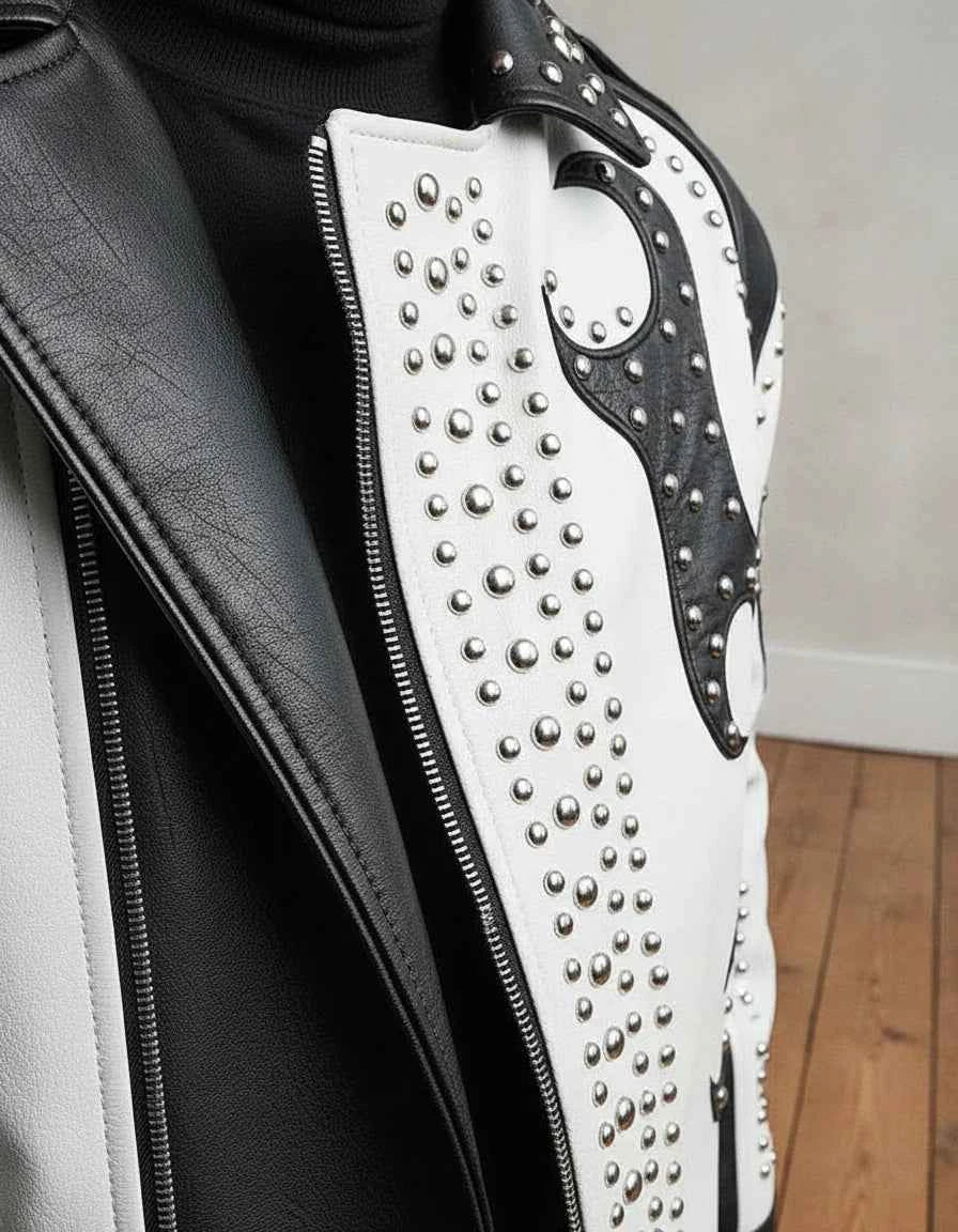 Men's Handmade Two Tone Studded White Leather Biker Jacket