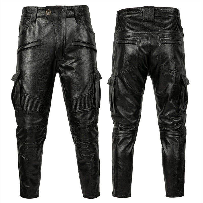 Women’s Real Leather Cargo Pants (Skinny Biker 6-Pocket Slim Fit Leggings)