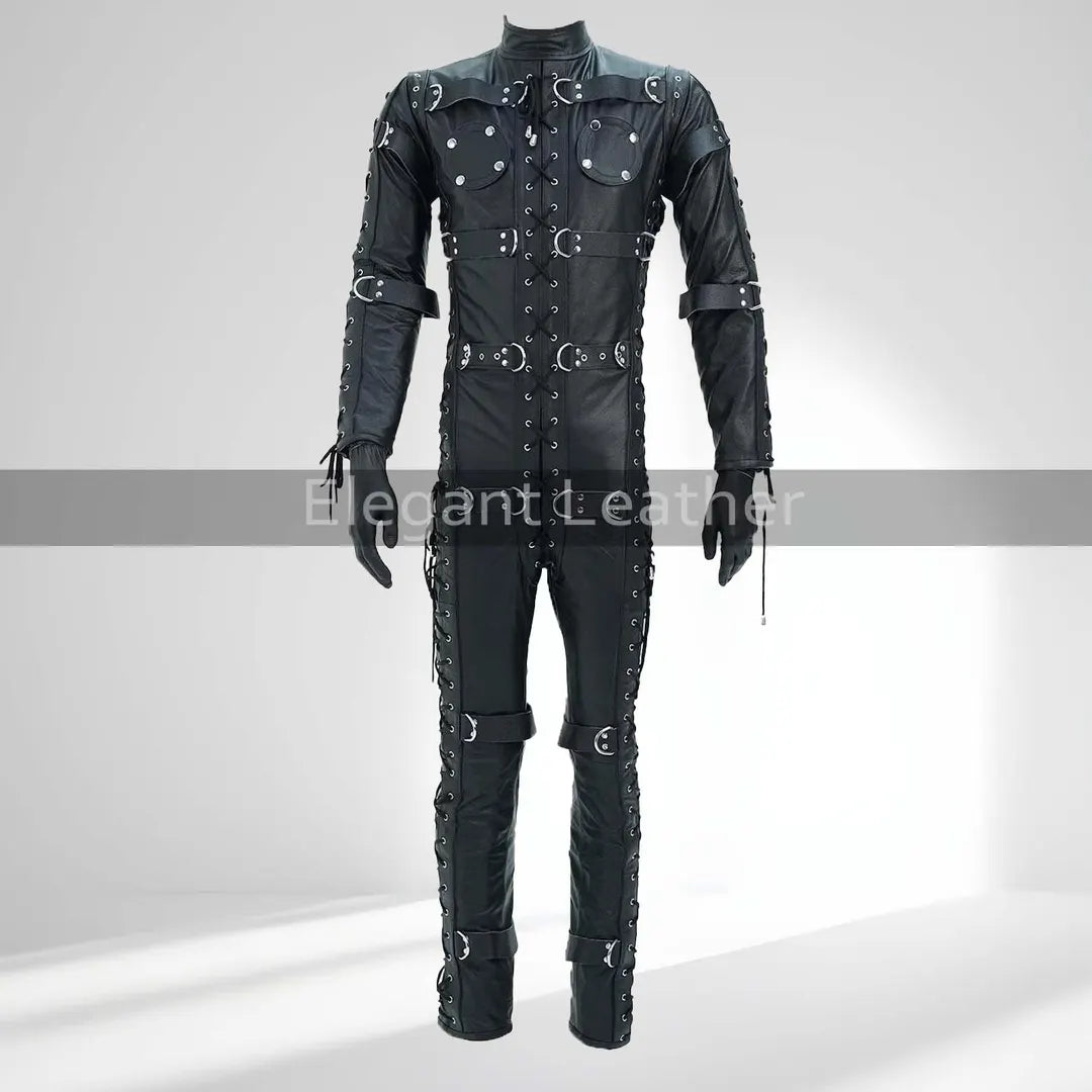 Men's Heavy Duty Cowhide Leather Bondage Jumpsuit - Black Restriction Catsuit