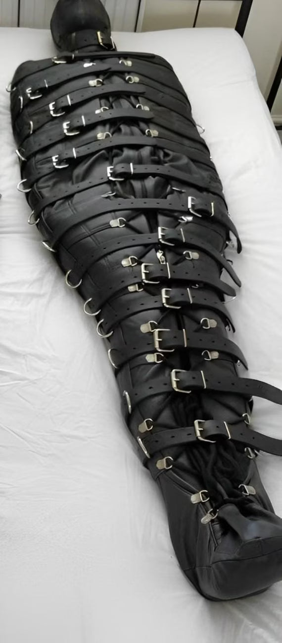 Leather BDSM Sleep Sack Bondage Body Bag With Hood