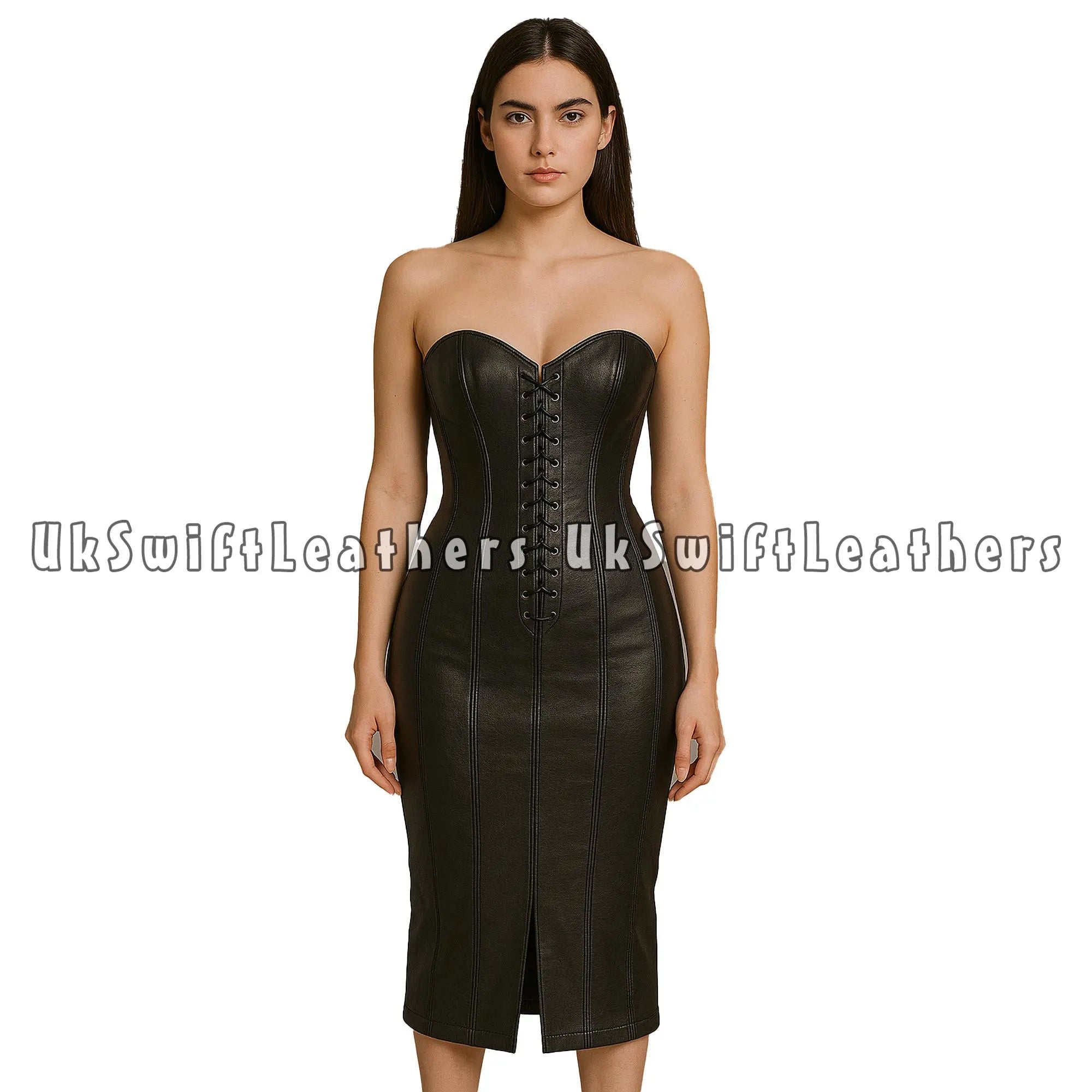 Woman's Premium Real Sheepskin Leather Bondage Stylish Lace-Up Bodycon Fashion Dress