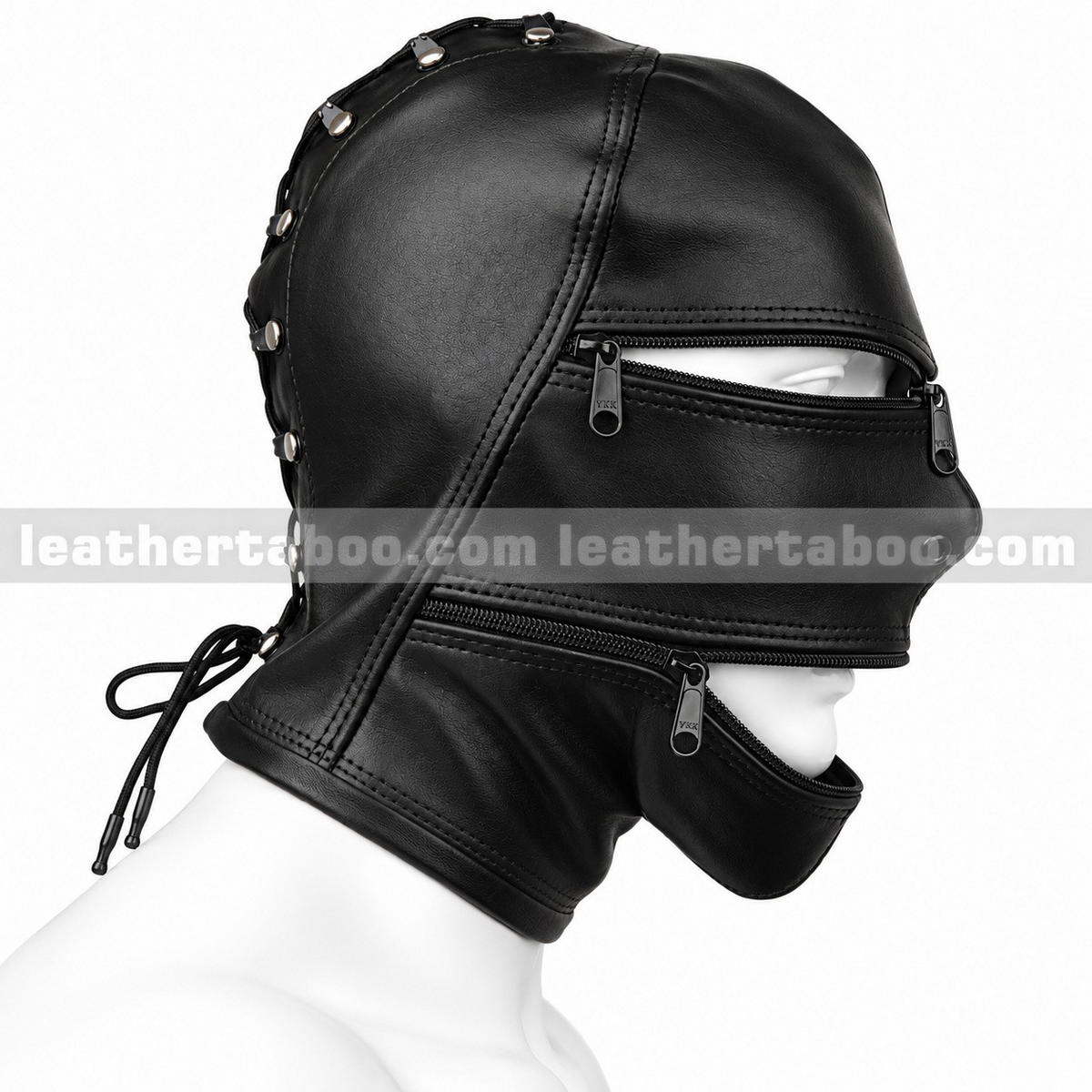 Side profile of a black genuine leather full face hood featuring open eye and mouth zippers, rear lace-up adjustment and extended neck coverage.