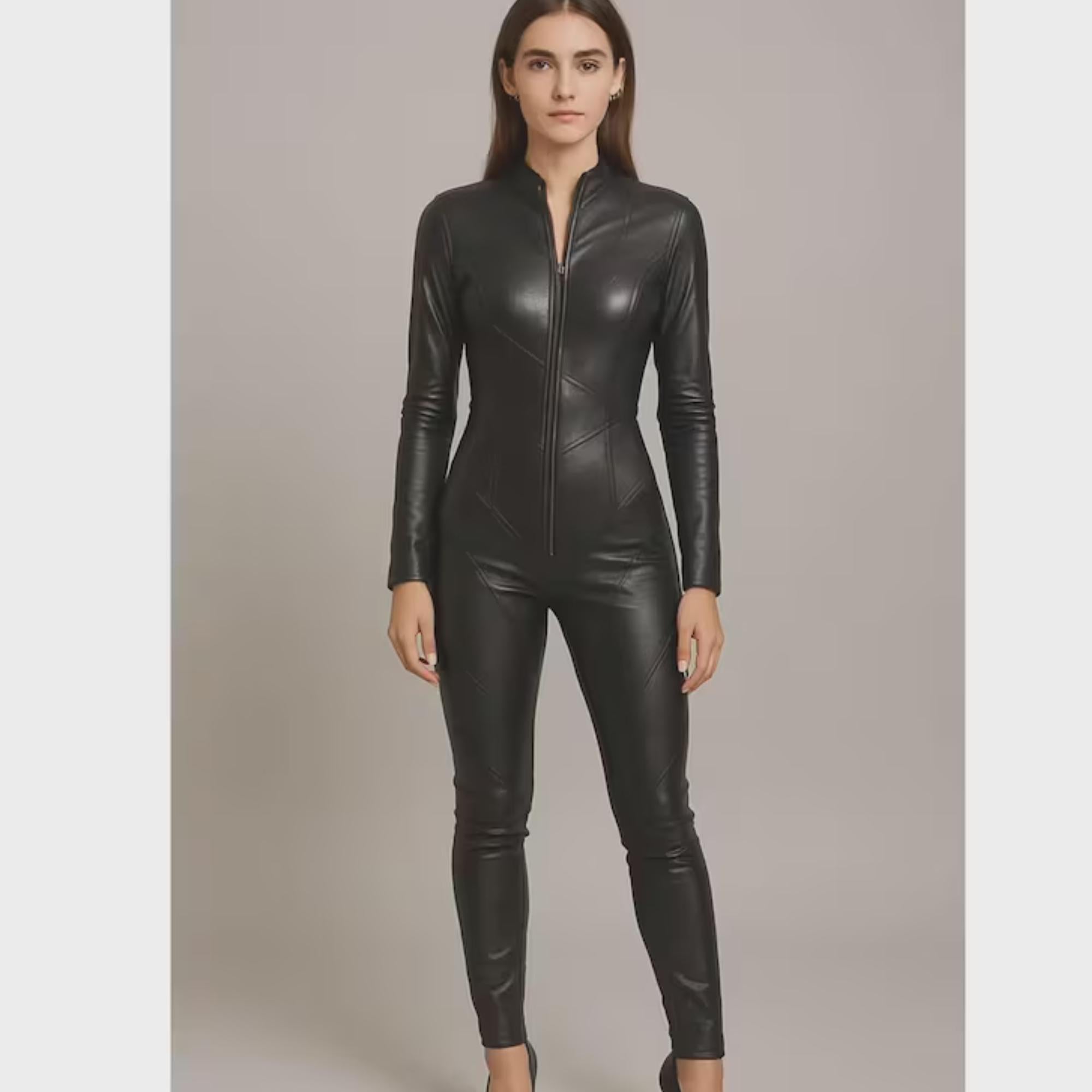 Women's Quilted Black Leather Catsuit - Gothic Top trending Bodysuit