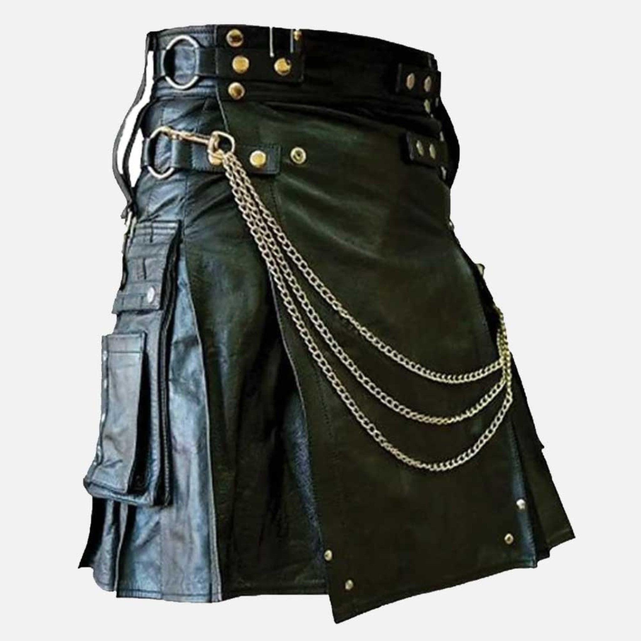Men's Genuine Black Punk Style Utility Leather Kilt - Solid Pleated Buckle Straps