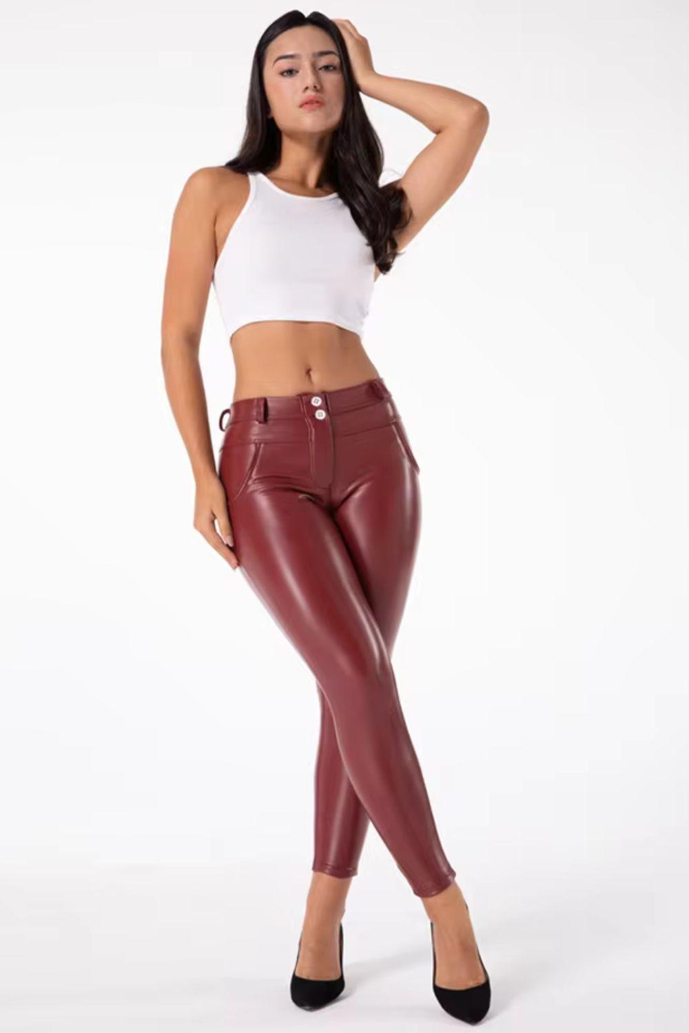 Women’s Burgundy Leather High-Waist Pants (Butt Lift Leggings Style Trousers)