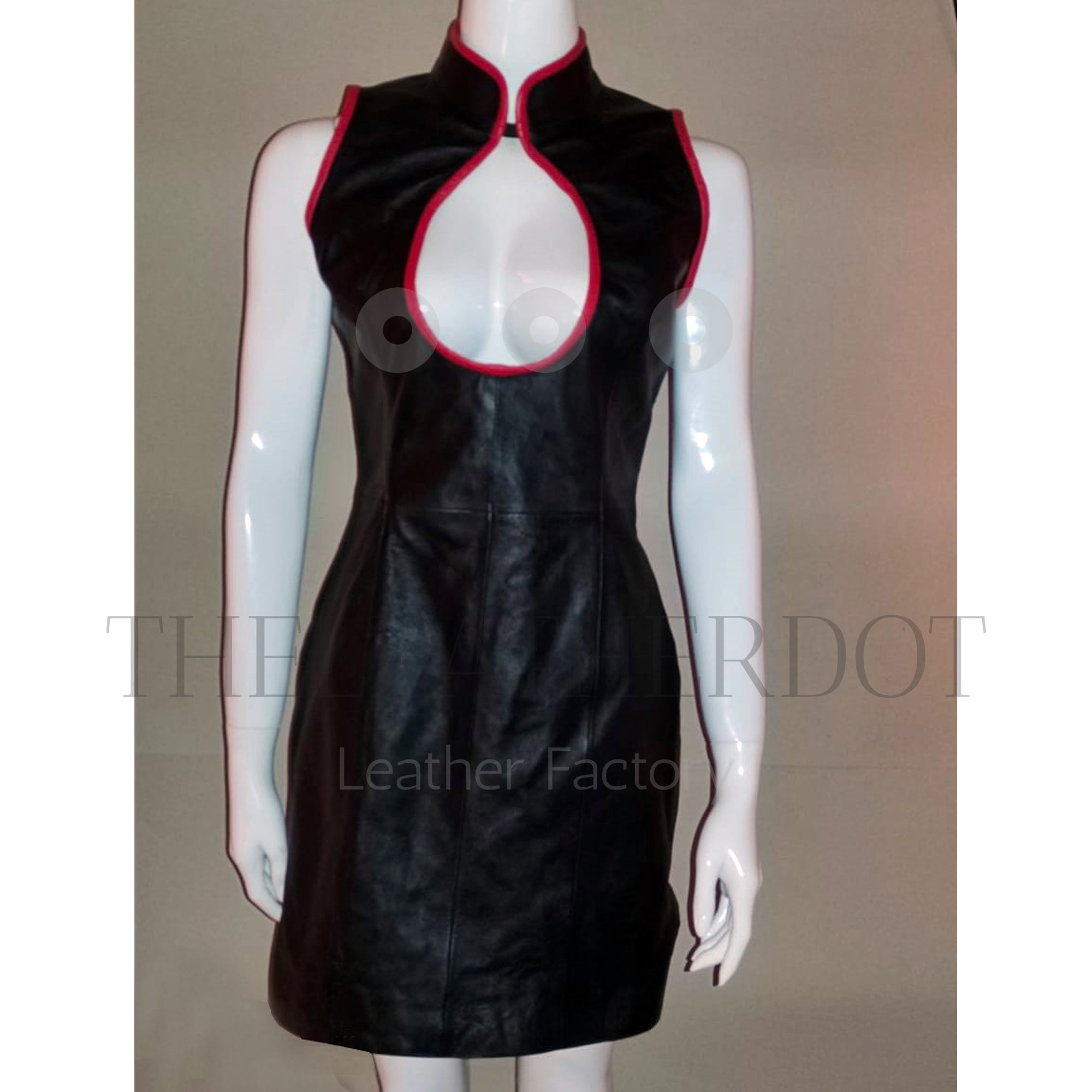Bold & Elegant: The Black Cutout High Collar Leather Mini Dress by LeatherTaboo.com